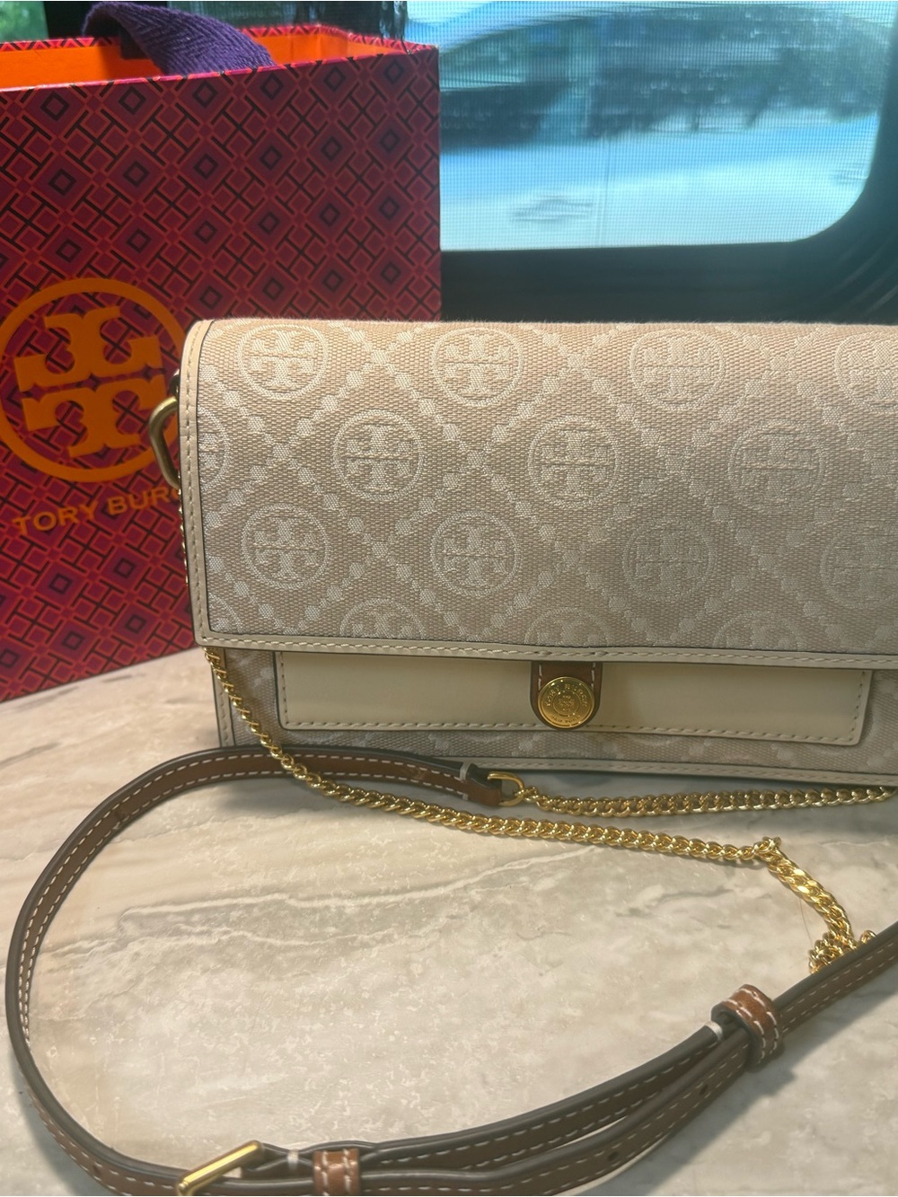Tory Burch Cream Logo Jacquard Crossbody with Gold Chain